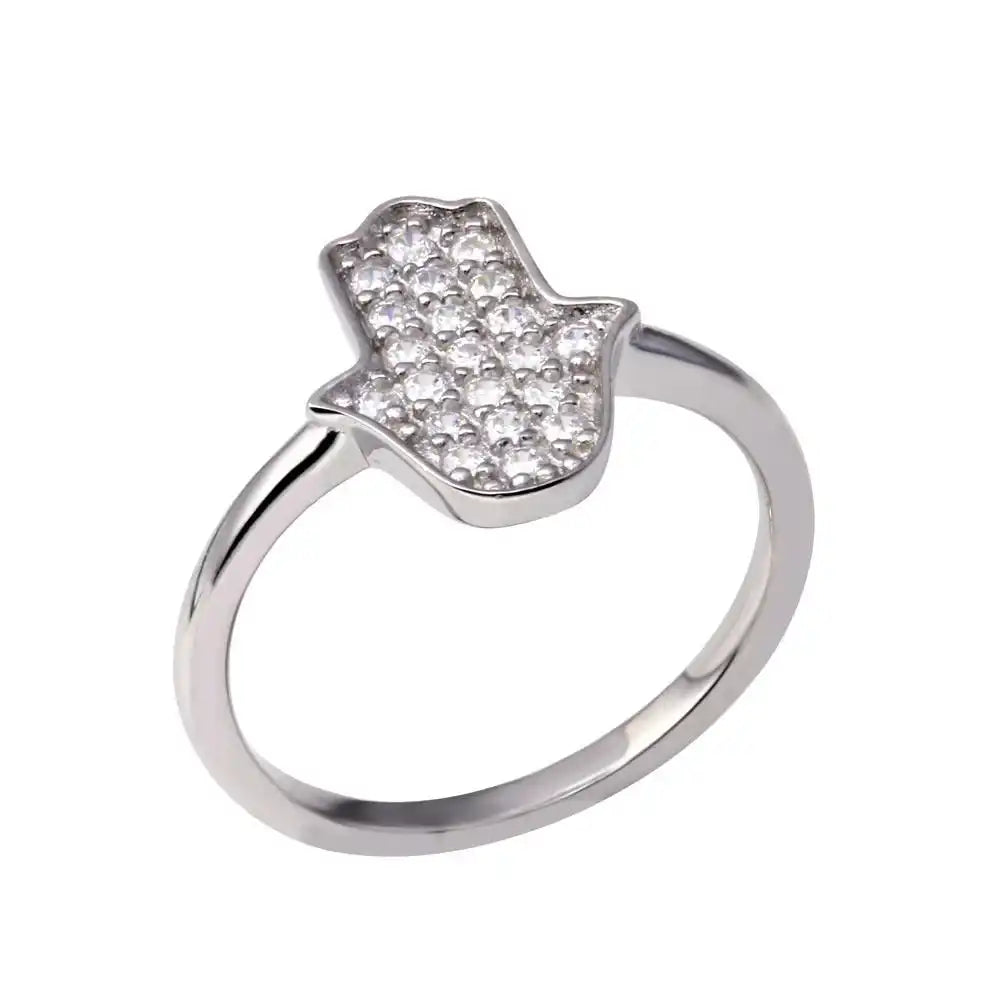 925 Sterling Silver Rhodium Plated Hamsa Clear CZ Ring