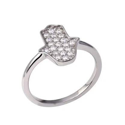 925 Sterling Silver Rhodium Plated Hamsa Clear CZ Ring