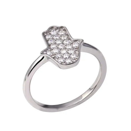 925 Sterling Silver Rhodium Plated Hamsa Clear CZ Ring