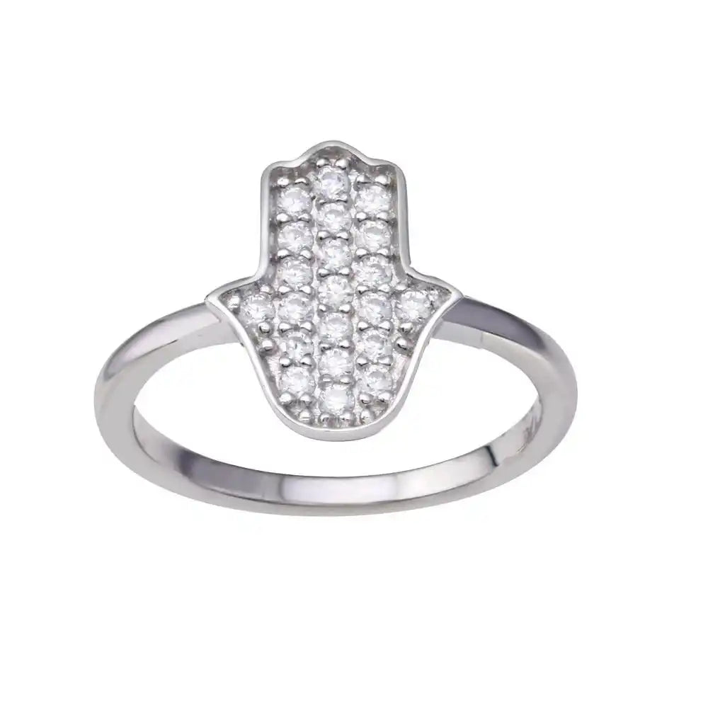 925 Sterling Silver Rhodium Plated Hamsa Clear CZ Ring
