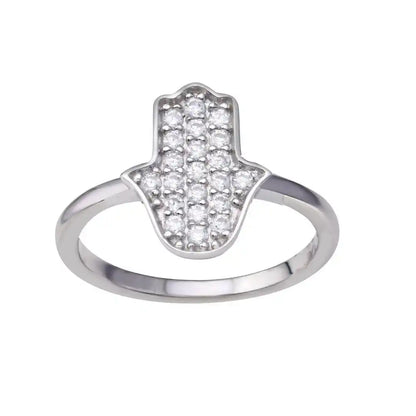 925 Sterling Silver Rhodium Plated Hamsa Clear CZ Ring