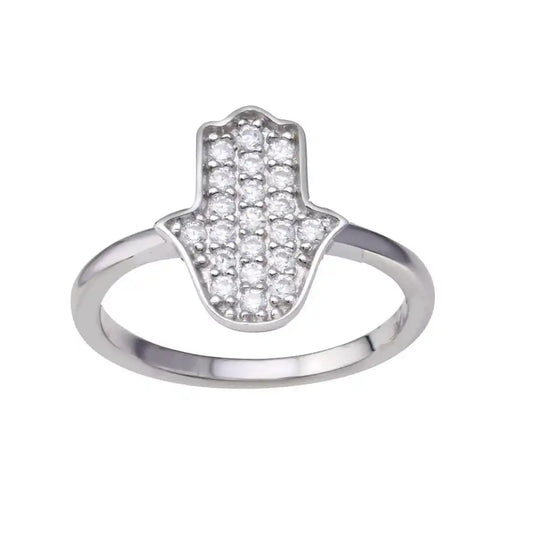 925 Sterling Silver Rhodium Plated Hamsa Clear CZ Ring