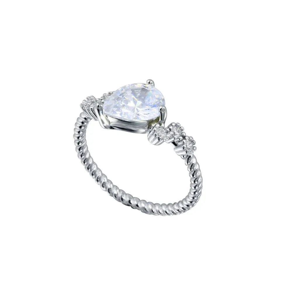 925 Sterling Silver Rhodium Plated Angled Teardrop CZ Shank Ring