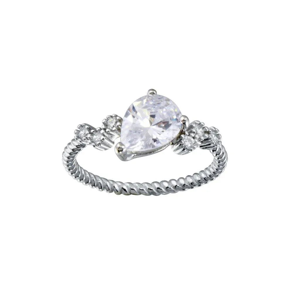 925 Sterling Silver Rhodium Plated Angled Teardrop CZ Shank Ring