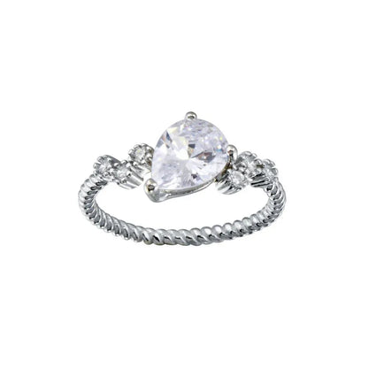 925 Sterling Silver Rhodium Plated Angled Teardrop CZ Shank Ring