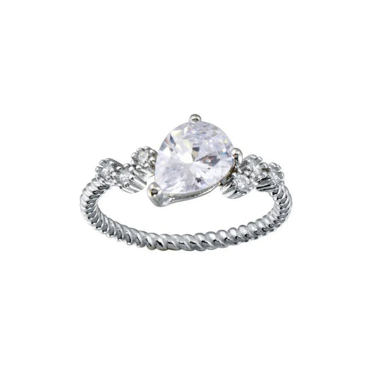 925 Sterling Silver Rhodium Plated Angled Teardrop CZ Shank Ring