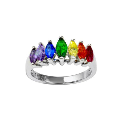 925 Sterling Silver Rhodium Plated Graduated Multicolor Marquise CZ Ring