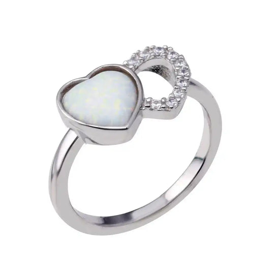 925 Sterling Silver Rhodium Plated 2 Open Heart Simulated Opal and Clear CZ Ring