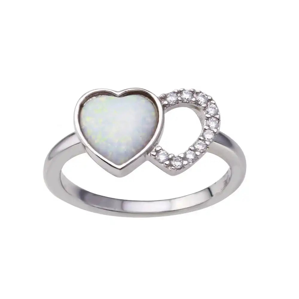 925 Sterling Silver Rhodium Plated 2 Open Heart Simulated Opal and Clear CZ Ring