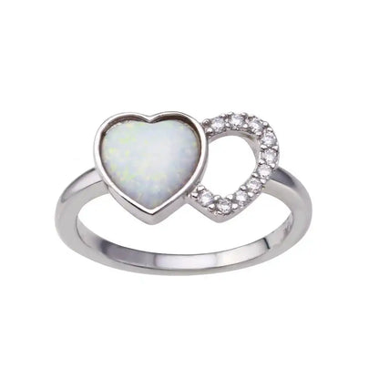 925 Sterling Silver Rhodium Plated 2 Open Heart Simulated Opal and Clear CZ Ring