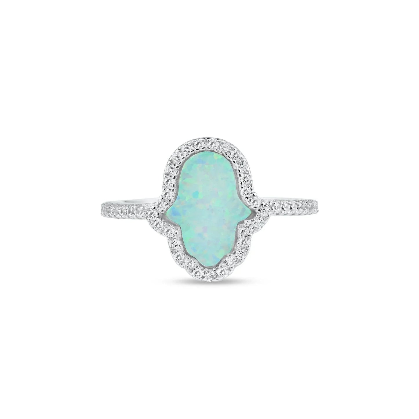 925 Sterling Silver Rhodium Plated Hamsa Opal CZ Ring
