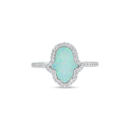 925 Sterling Silver Rhodium Plated Hamsa Opal CZ Ring