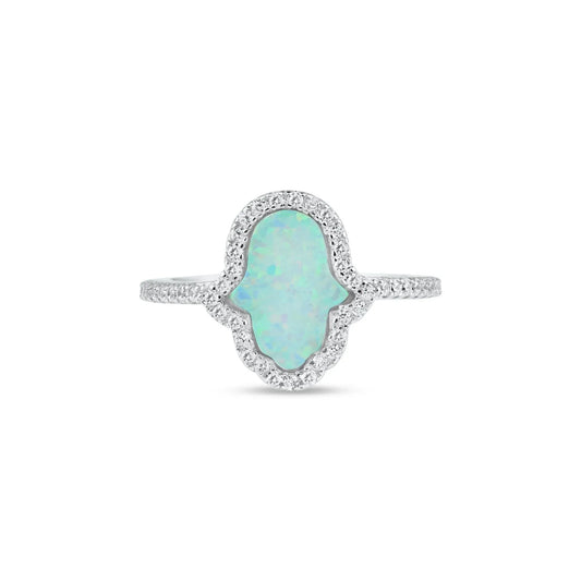 925 Sterling Silver Rhodium Plated Hamsa Opal CZ Ring