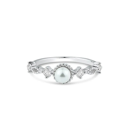 925 Sterling silver Rhodium Plated Synthetic Pearl Center Clear CZ Ring