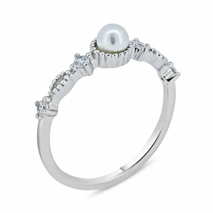 925 Sterling silver Rhodium Plated Synthetic Pearl Center Clear CZ Ring