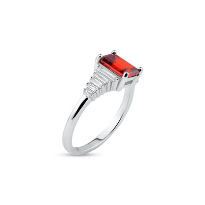 925 Sterling Silver  Rhodium Plated Square Clearn and Red CZ Ring
