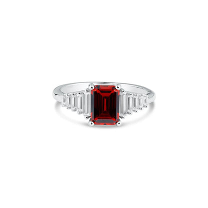 925 Sterling Silver  Rhodium Plated Square Clearn and Red CZ Ring