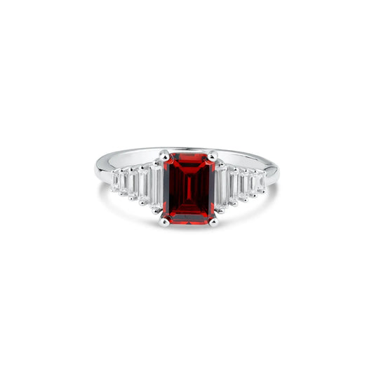 925 Sterling Silver  Rhodium Plated Square Clearn and Red CZ Ring