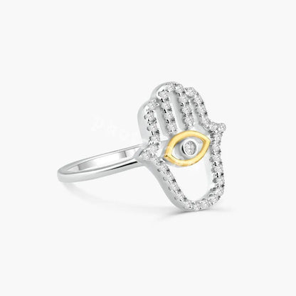 925 Sterling Silver 2 Toned Plated Hamsa Hand Clear CZ Ring