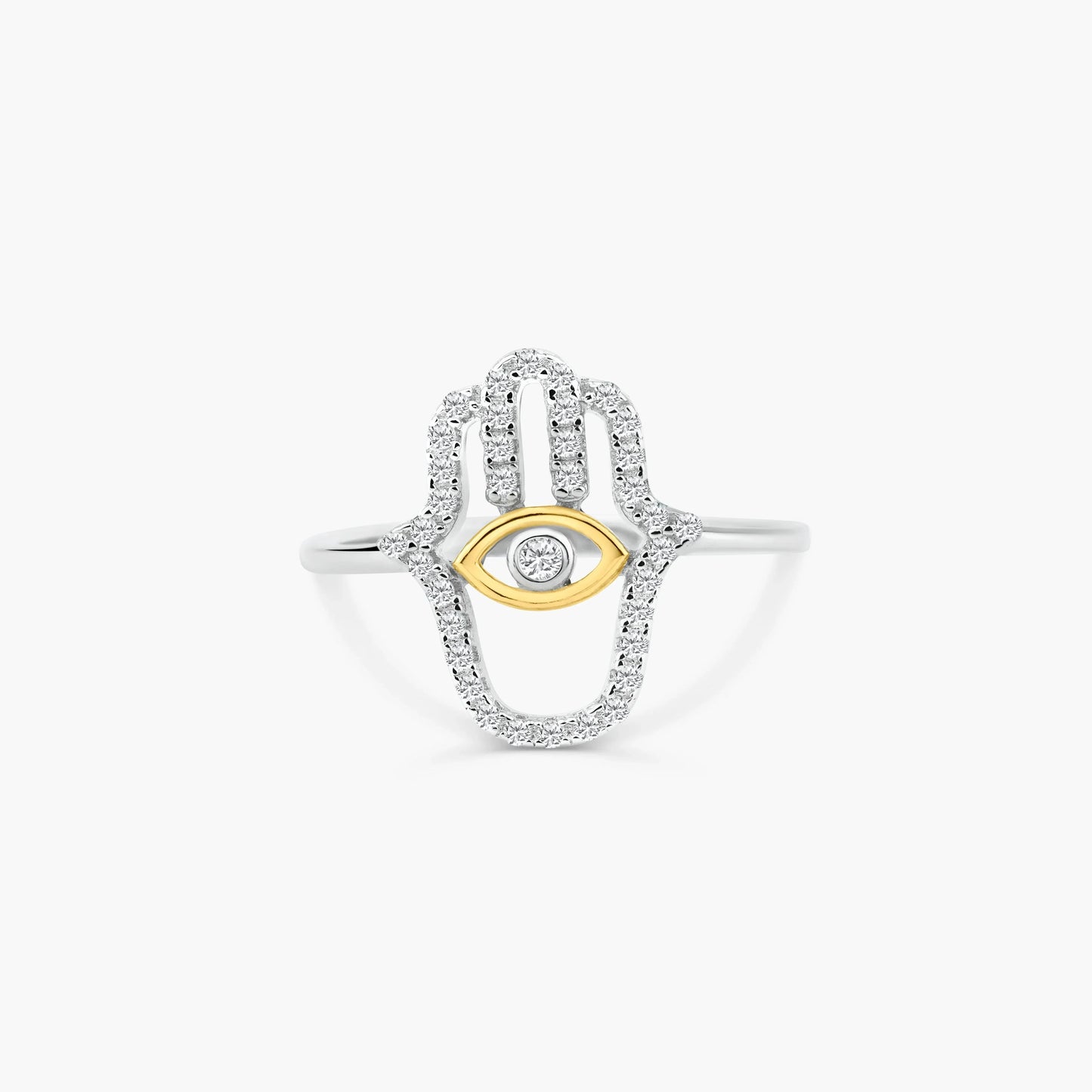 925 Sterling Silver 2 Toned Plated Hamsa Hand Clear CZ Ring