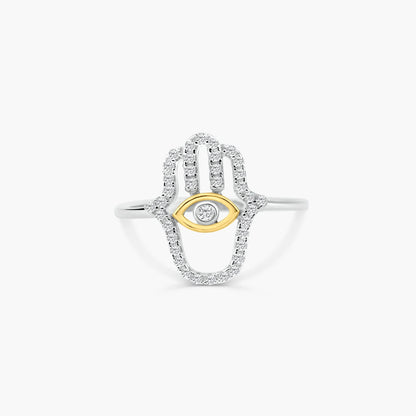 925 Sterling Silver 2 Toned Plated Hamsa Hand Clear CZ Ring