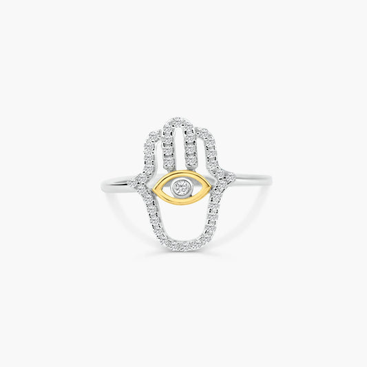 925 Sterling Silver 2 Toned Plated Hamsa Hand Clear CZ Ring