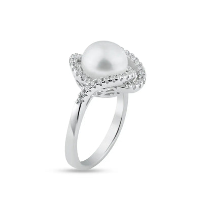 925 Sterling Silver Rhodium Plated White Pearl and Clear CZ Ring