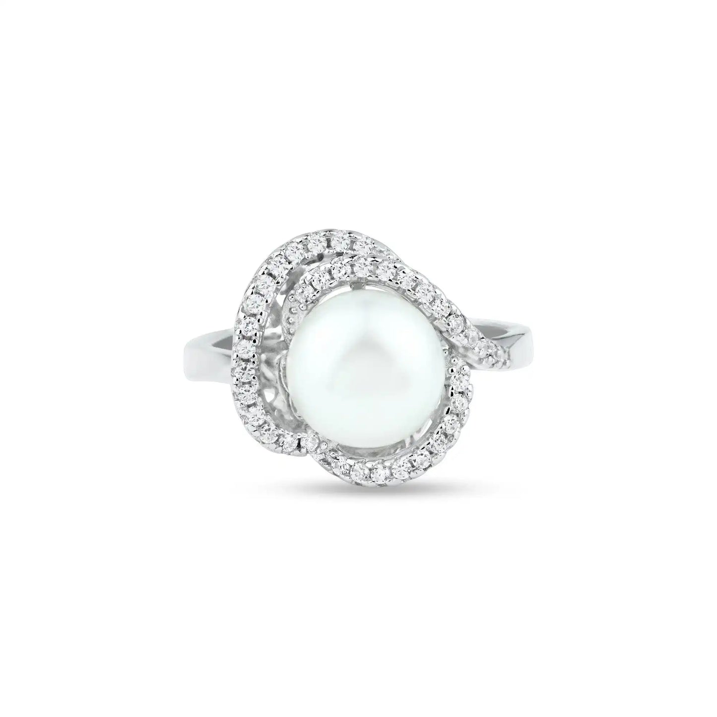 925 Sterling Silver Rhodium Plated White Pearl and Clear CZ Ring
