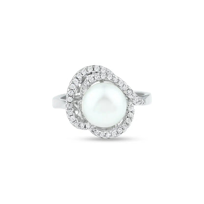 925 Sterling Silver Rhodium Plated White Pearl and Clear CZ Ring