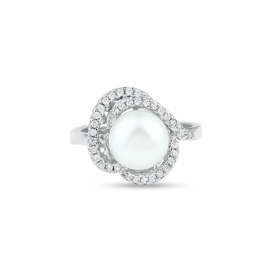 925 Sterling Silver Rhodium Plated White Pearl and Clear CZ Ring
