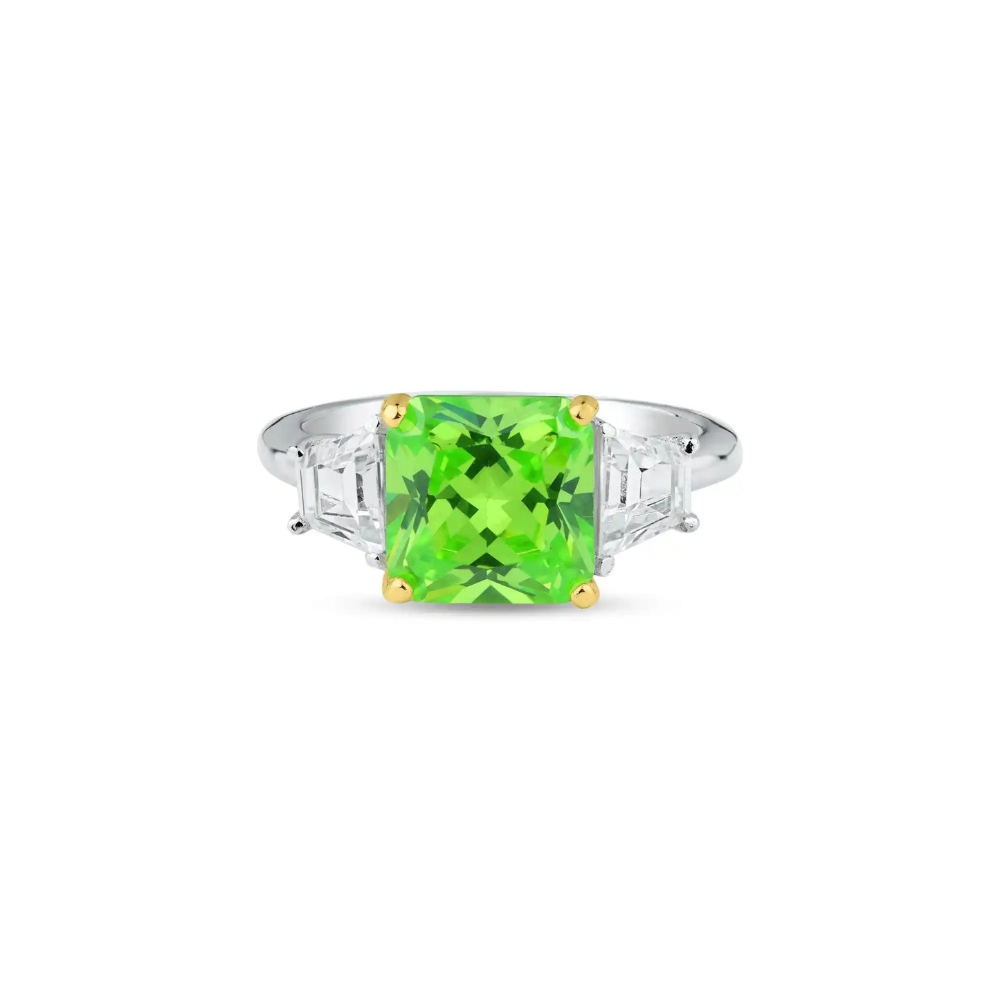 925 Sterling Silver Rhodium Plated Past Present Future Green CZ Ring