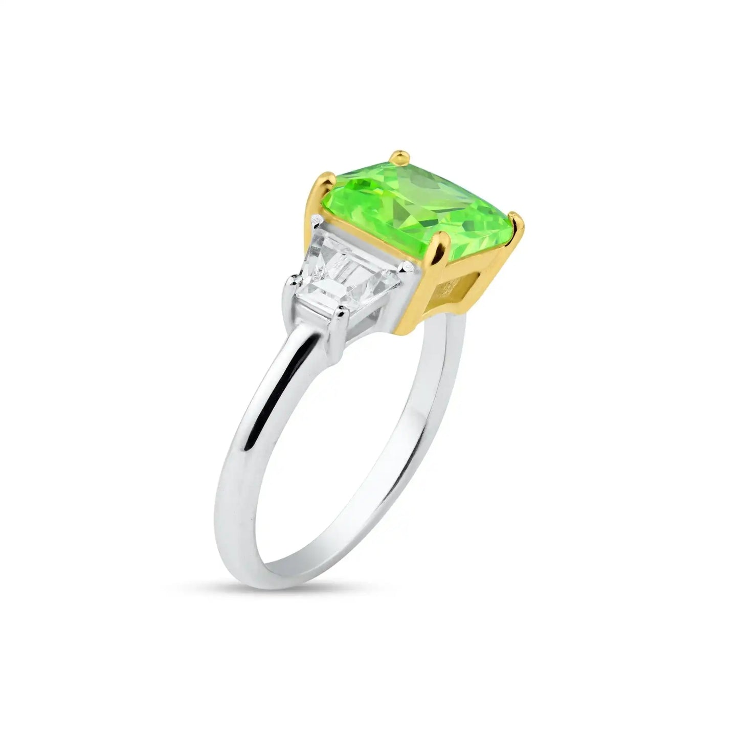 925 Sterling Silver Rhodium Plated Past Present Future Green CZ Ring