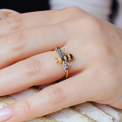 925 Sterling Silver Gold Plated Bee CZ Ring