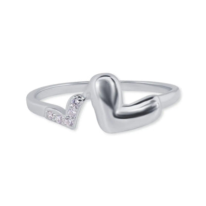 925 Sterling Silver Rhodium Plated Twin Hearts Clear CZ 1.7mm Ring