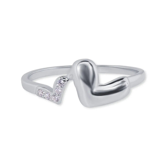 925 Sterling Silver Rhodium Plated Twin Hearts Clear CZ 1.7mm Ring