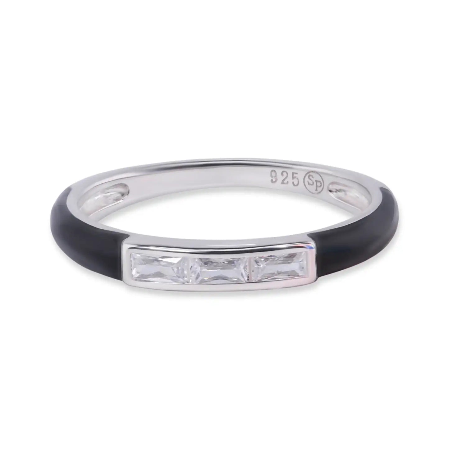 925 Sterling Silver Rhodium Plated Clear Black Enamel Baguette CZ 2.5mm Ring