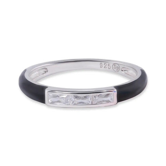 925 Sterling Silver Rhodium Plated Clear Black Enamel Baguette CZ 2.5mm Ring