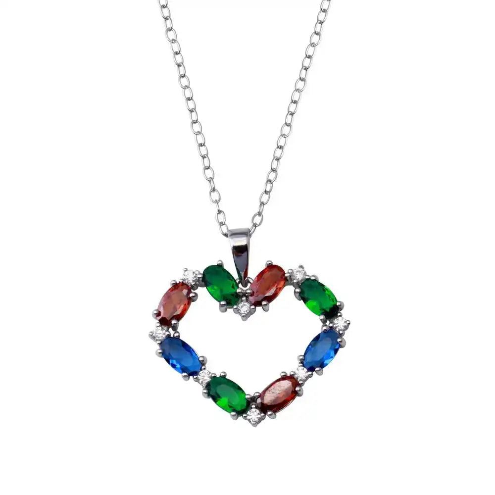 925 Sterling Silver Rhodium Plated Heart Baguette Necklace