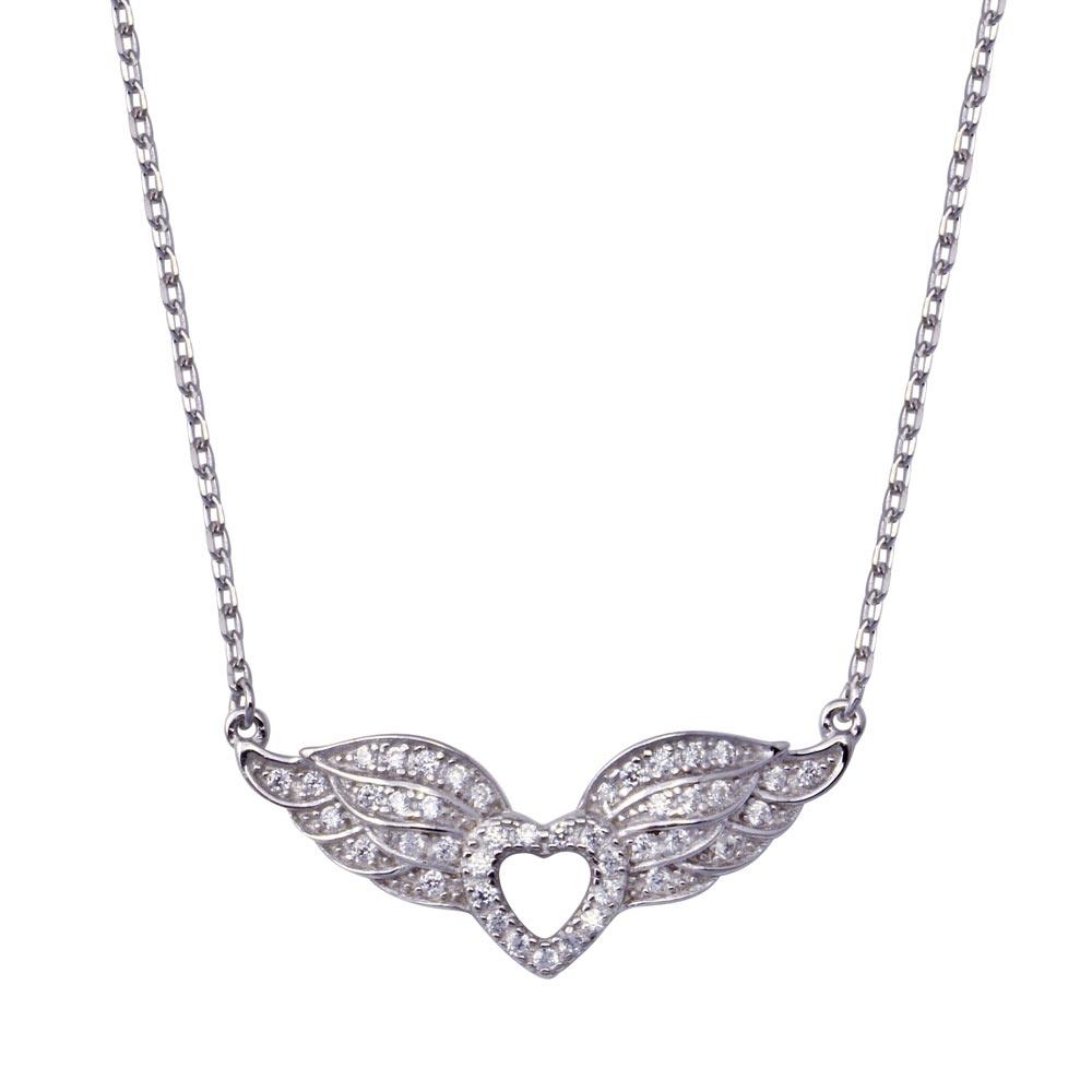 925 Sterling Silver Rhodium Plated Heart Wings Adjustable Necklace