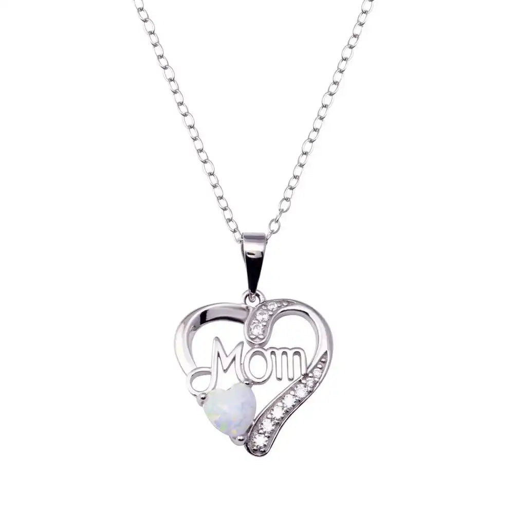 925 Sterling Silver Rhodium Plated Mom Heart Opal Adjustable Necklace
