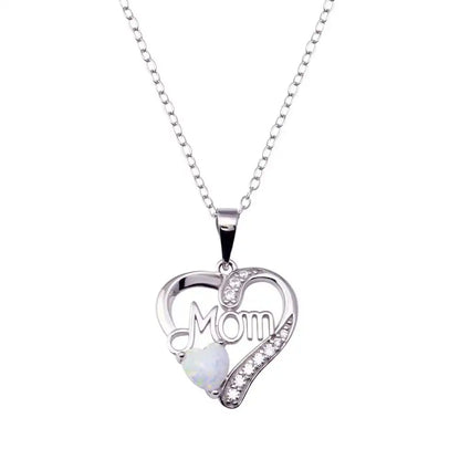 925 Sterling Silver Rhodium Plated Mom Heart Opal Adjustable Necklace