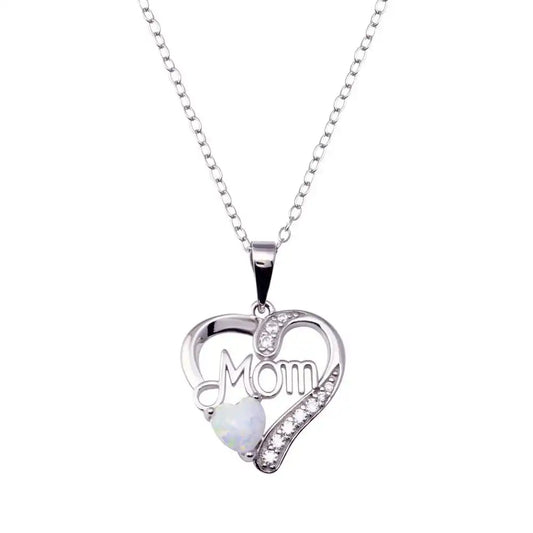 925 Sterling Silver Rhodium Plated Mom Heart Opal Adjustable Necklace