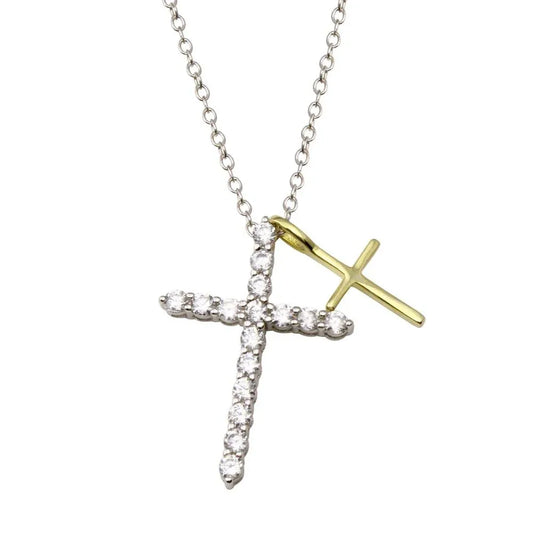 925 Sterling Silver Rhodium and Gold Plated Cross Clear CZ Adjustable Necklace