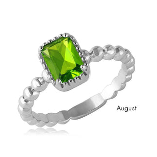 925 Sterling Silver August Rhodium Plated Beaded Shank Square Center Birthstone Ring
