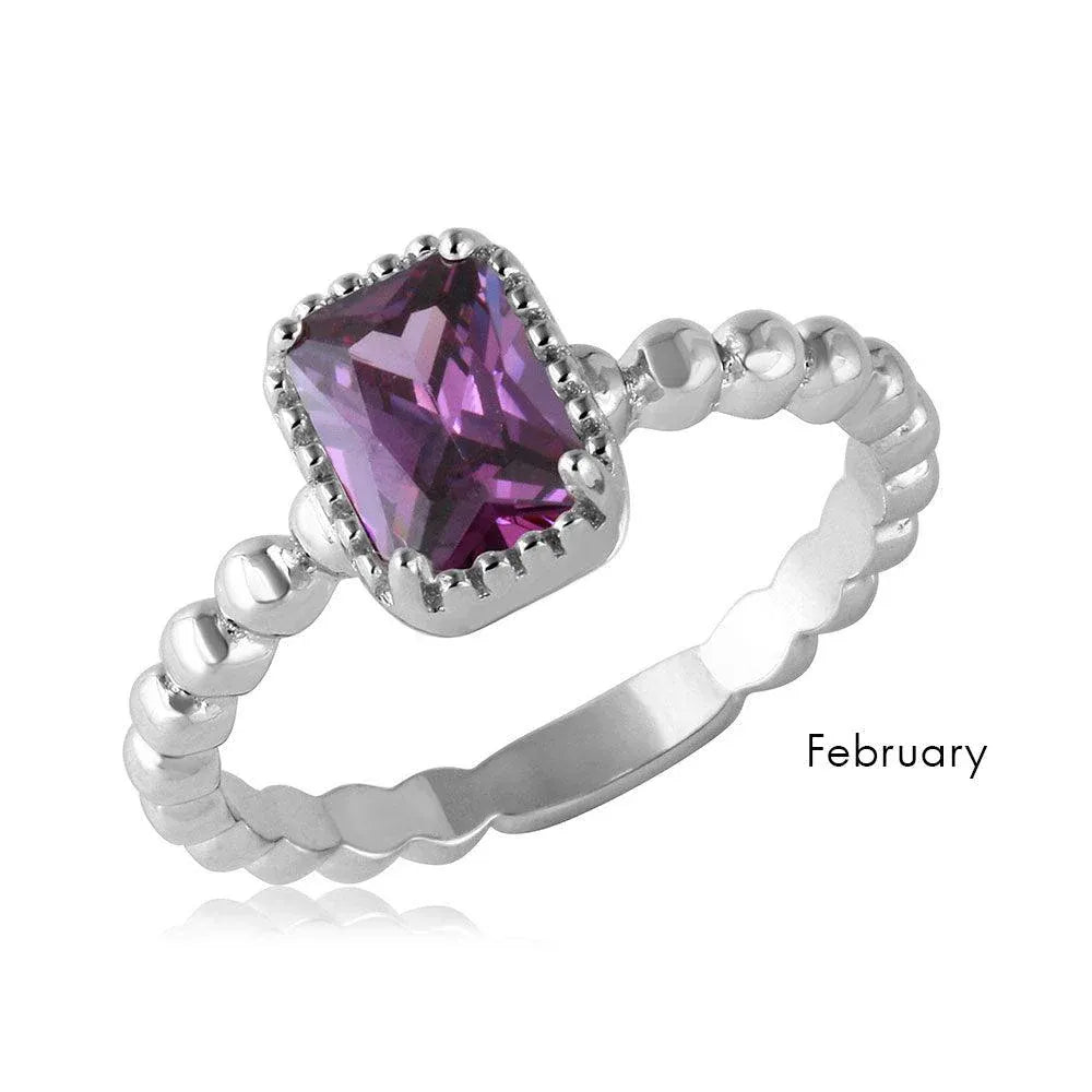 925 Sterling Silver February Rhodium Plated Beaded Shank Square Center Birthstone Ring