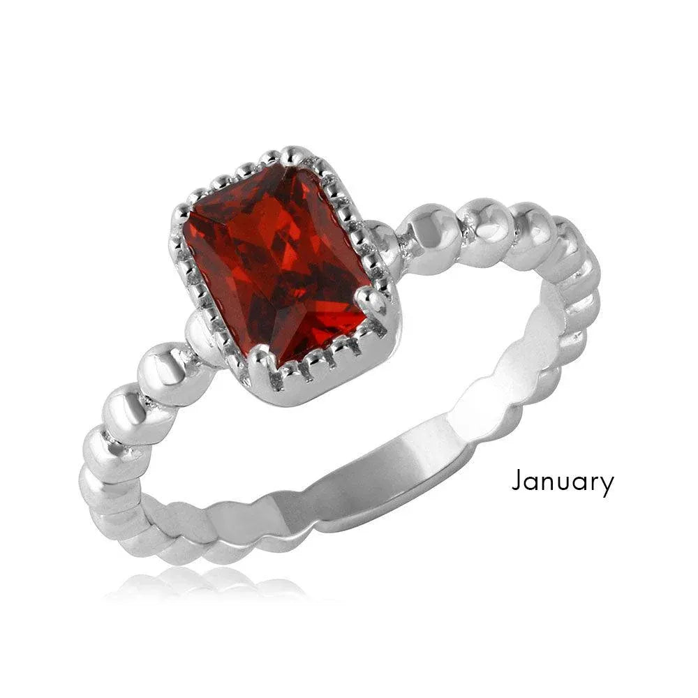 925 Sterling Silver January Rhodium Plated Beaded Shank Square Center Birthstone Ring