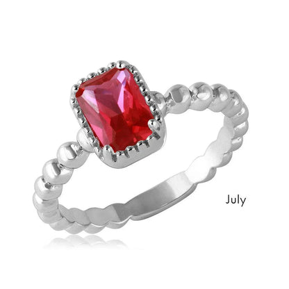 925 Sterling Silver Rhodium Plated Beaded Shank Square Center July Birthstone Ring
