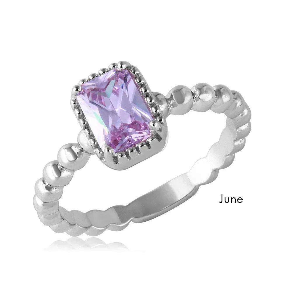 925 Sterling Silver Rhodium Plated June Beaded Shank Square Center Birthstone Ring