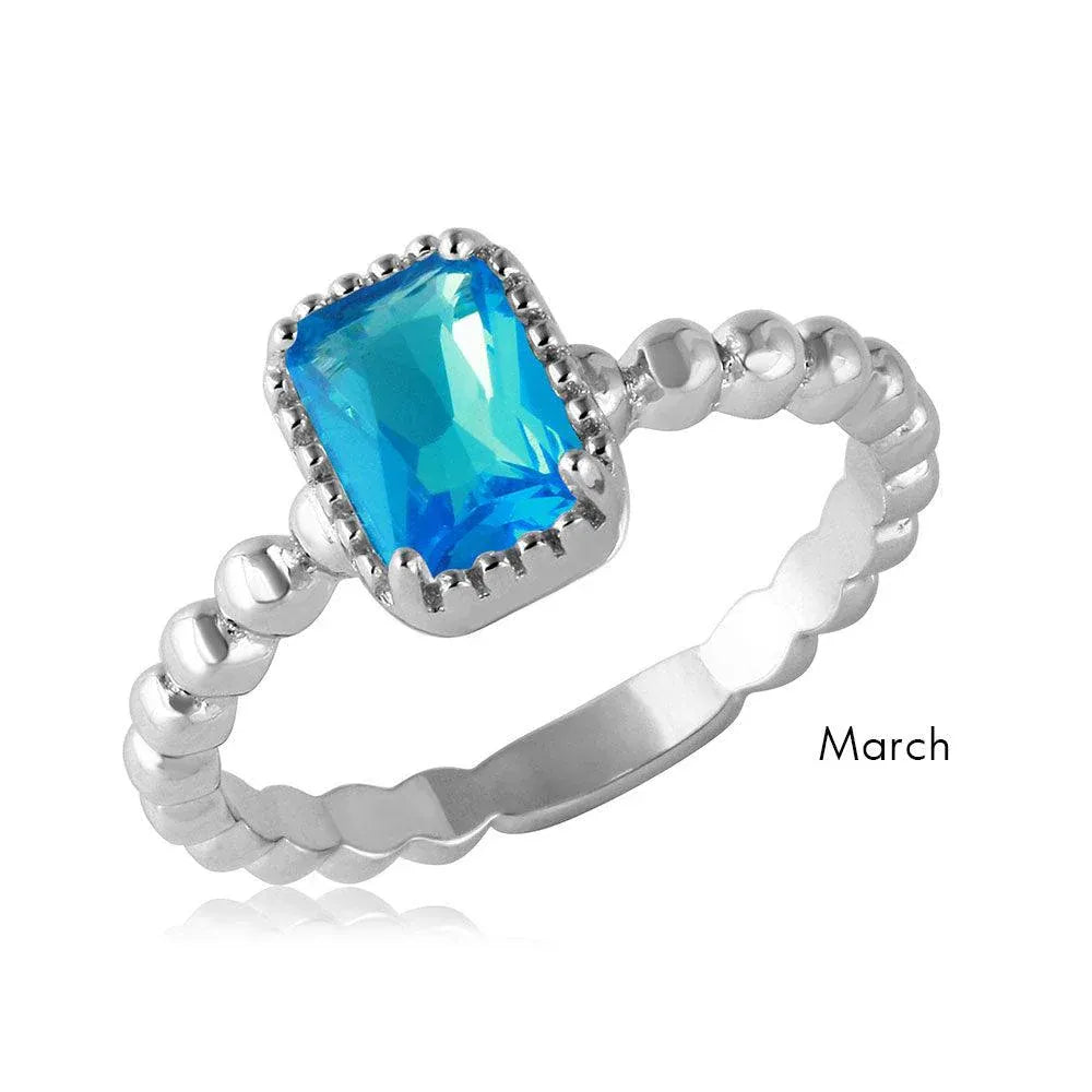 925 Sterling Silver March Rhodium Plated Beaded Shank Square Center Birthstone Ring