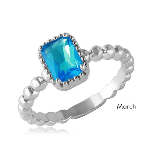 925 Sterling Silver March Rhodium Plated Beaded Shank Square Center Birthstone Ring